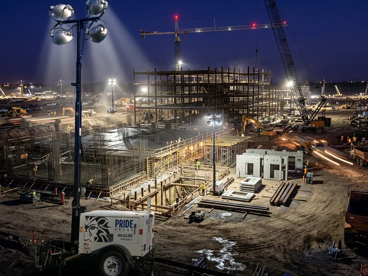 Light towers illuminating a steel frame at night