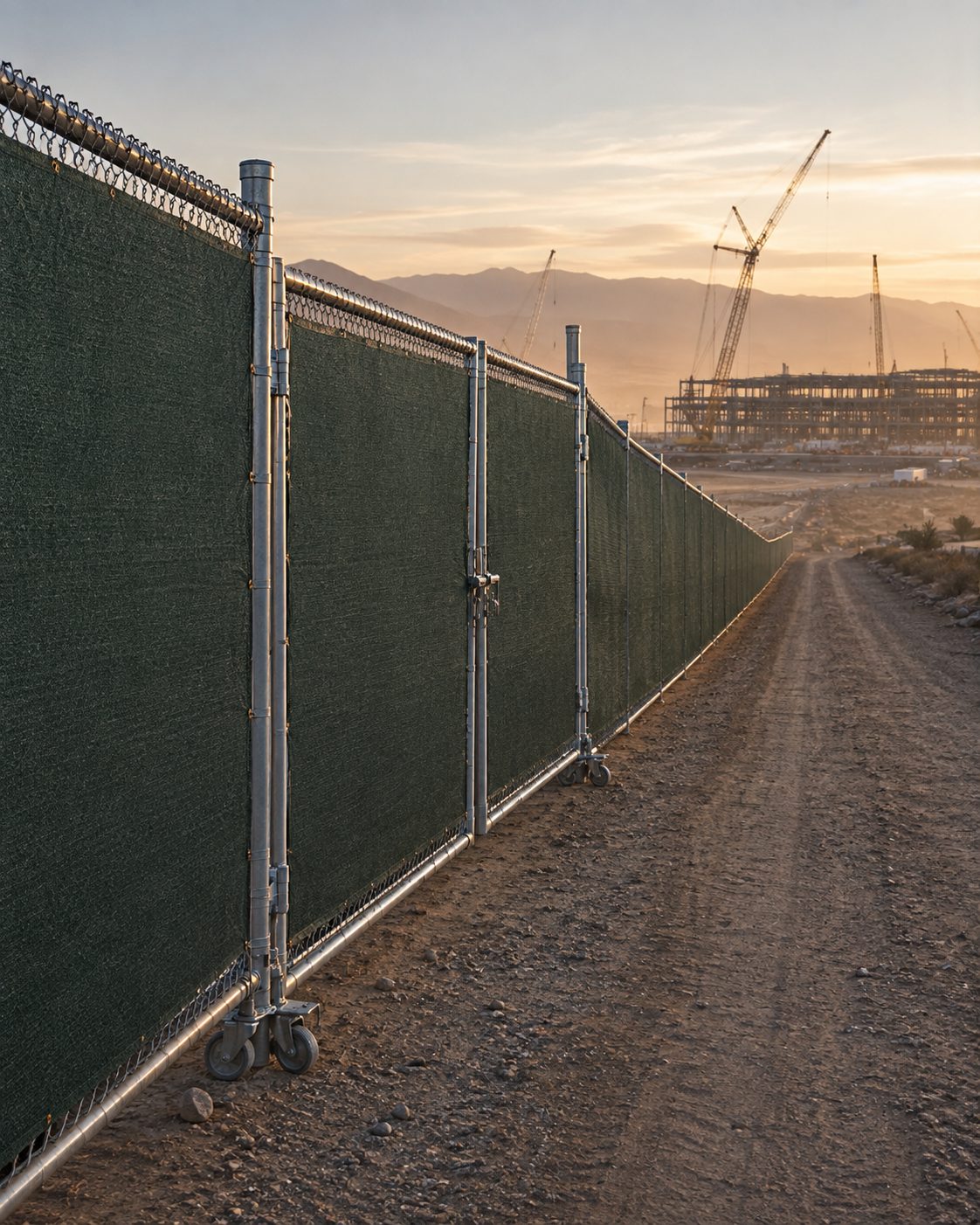 Newly installed chain-link perimeter fence with privacy screening along the edge of a construction site at dusk